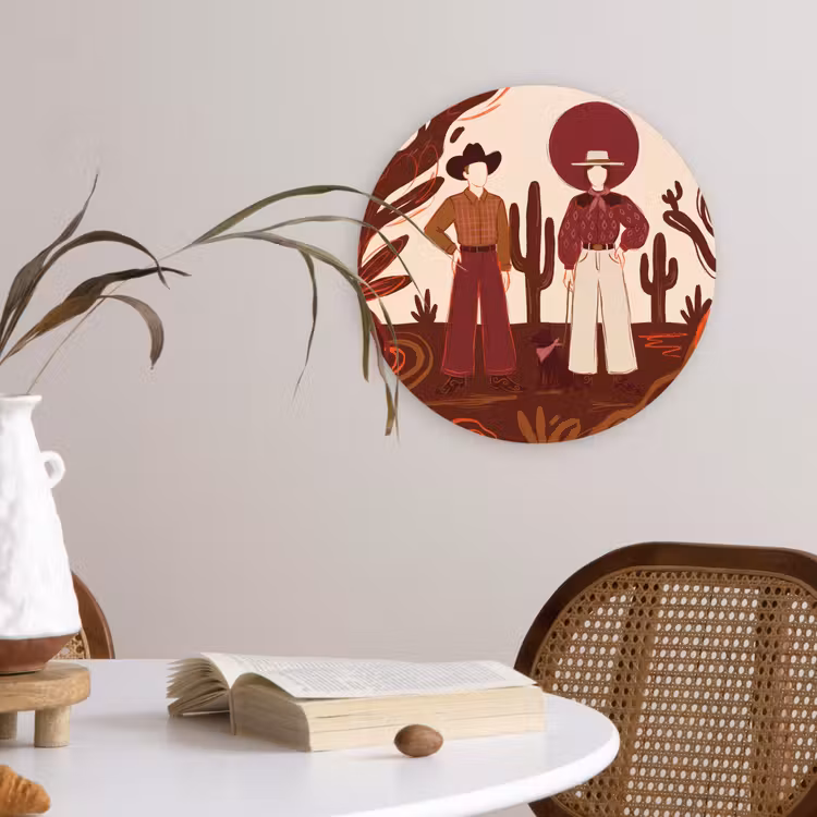 Mensen - Cowboykleding - Westerse stijl - Illustratie - Bruin Wandcirkel kunststof plaat 5mm dik klein -sfeer4