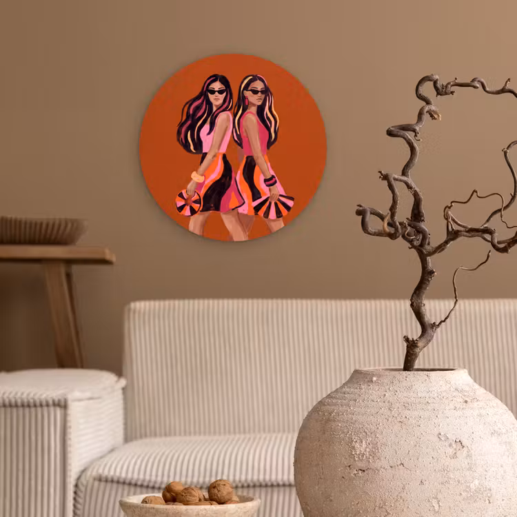Mensen - Duo - Mode - Illustratie - Kleurrijk Wandcirkel kunststof plaat 5mm dik klein -sfeer1