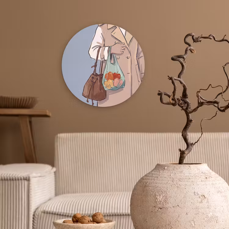 Mensen - Boodschappen - Stadsleven - Modern - Kleurrijk Wandcirkel kunststof plaat 5mm dik klein -sfeer1