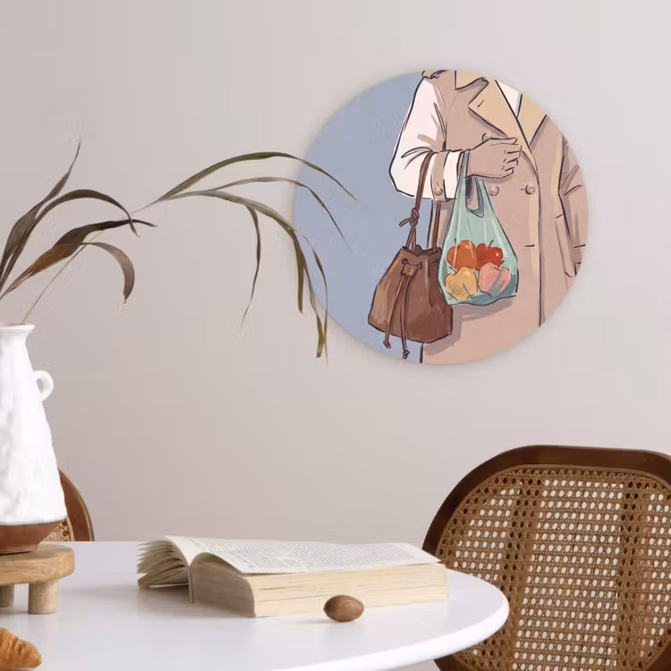Mensen - Boodschappen - Stadsleven - Modern - Kleurrijk Wandcirkel kunststof plaat 5mm dik klein -sfeer4