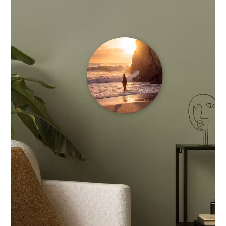 Mensen - Oceaan - Zonsondergang - Kust - Goud Wandcirkel kunststof plaat 5mm dik klein -sfeer3