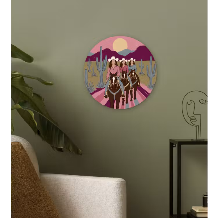 Mensen - Paard - Woestijn - Abstract - Roze Wandcirkel kunststof plaat 5mm dik klein -sfeer3