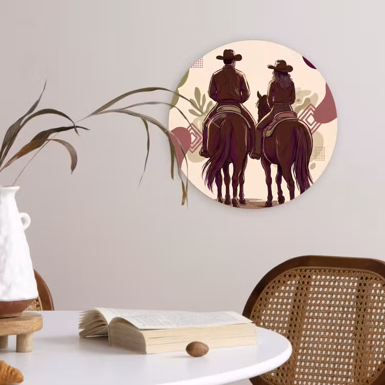 Mensen - Ruiters - Western - Illustratie - Bruin Wandcirkel kunststof plaat 5mm dik klein -sfeer4