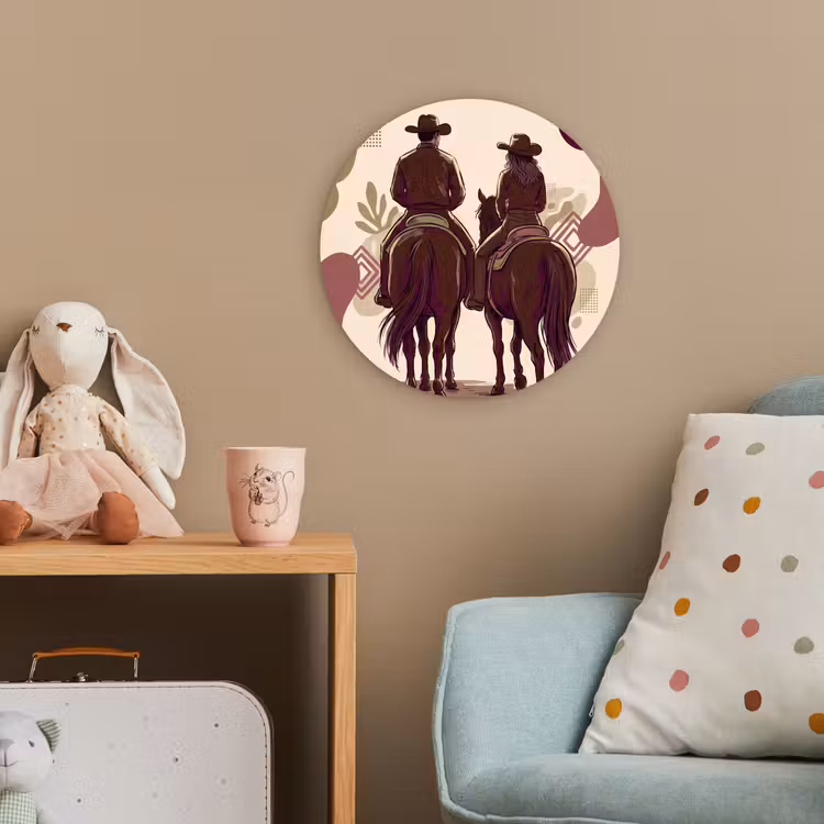 Mensen - Ruiters - Western - Illustratie - Bruin Wandcirkel kunststof plaat 5mm dik klein -tsfeer1_kind