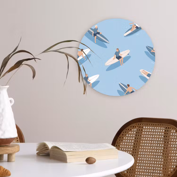 Mensen - Surfen - Water - Zomer - Illustratie Wandcirkel kunststof plaat 5mm dik klein -sfeer4