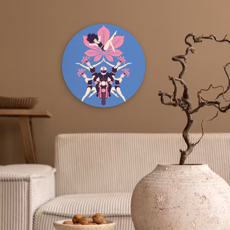 Mensen - Dans - Motor - Retro - Roze Wandcirkel kunststof plaat 5mm dik klein -sfeer1