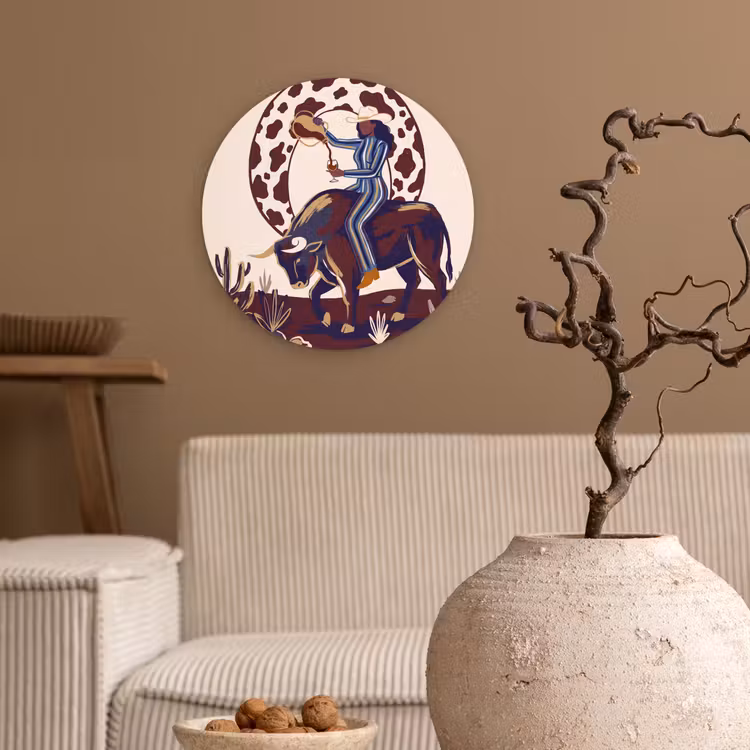 Mensen - Dieren - Cowboy - Abstract - Kleurrijk Wandcirkel kunststof plaat 5mm dik klein -sfeer1