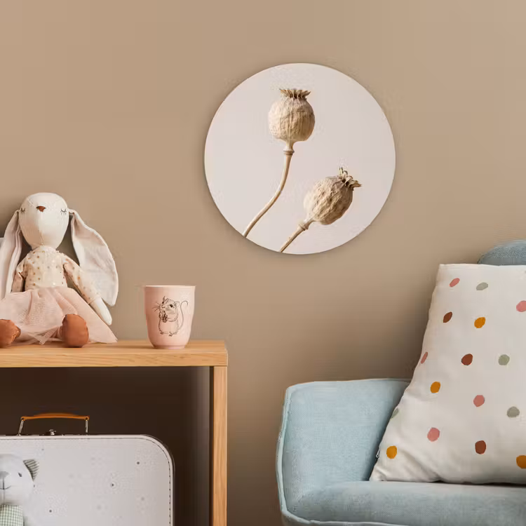 Papaverbollen - Droogbloemen - Minimalistisch - Beige - Rustig Wandcirkel kunststof plaat 5mm dik klein -tsfeer1_kind