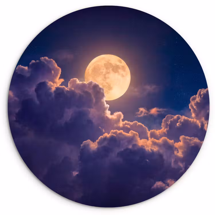 Maan - Wolken - Nacht - Oranje Wandcirkel kunststof plaat 5mm dik klein -3d