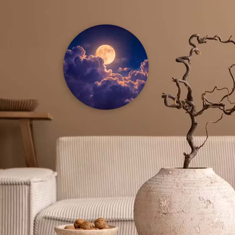 Maan - Wolken - Nacht - Oranje Wandcirkel kunststof plaat 5mm dik klein -sfeer1