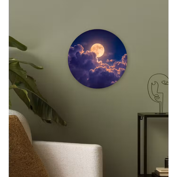 Maan - Wolken - Nacht - Oranje Wandcirkel kunststof plaat 5mm dik klein -sfeer3