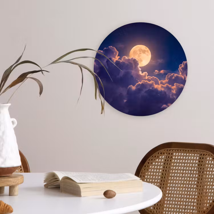 Maan - Wolken - Nacht - Oranje Wandcirkel kunststof plaat 5mm dik klein -sfeer4