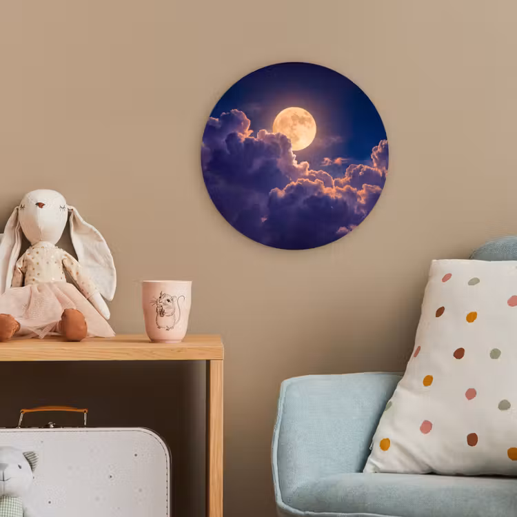 Maan - Wolken - Nacht - Oranje Wandcirkel kunststof plaat 5mm dik klein -tsfeer1_kind