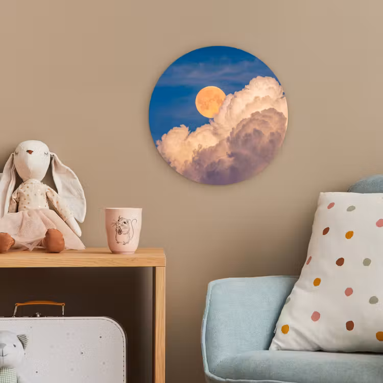 Maan - Wolken - Natuur - Oranje Wandcirkel kunststof plaat 5mm dik klein -tsfeer1_kind