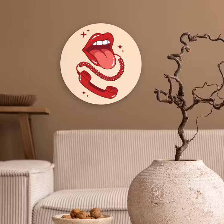 Mond - Telefoon - Popart - Rood - Illustratie Wandcirkel kunststof plaat 5mm dik klein -sfeer1