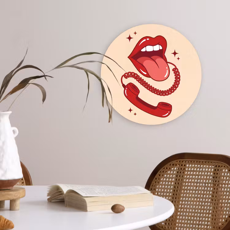 Mond - Telefoon - Popart - Rood - Illustratie Wandcirkel kunststof plaat 5mm dik klein -sfeer4