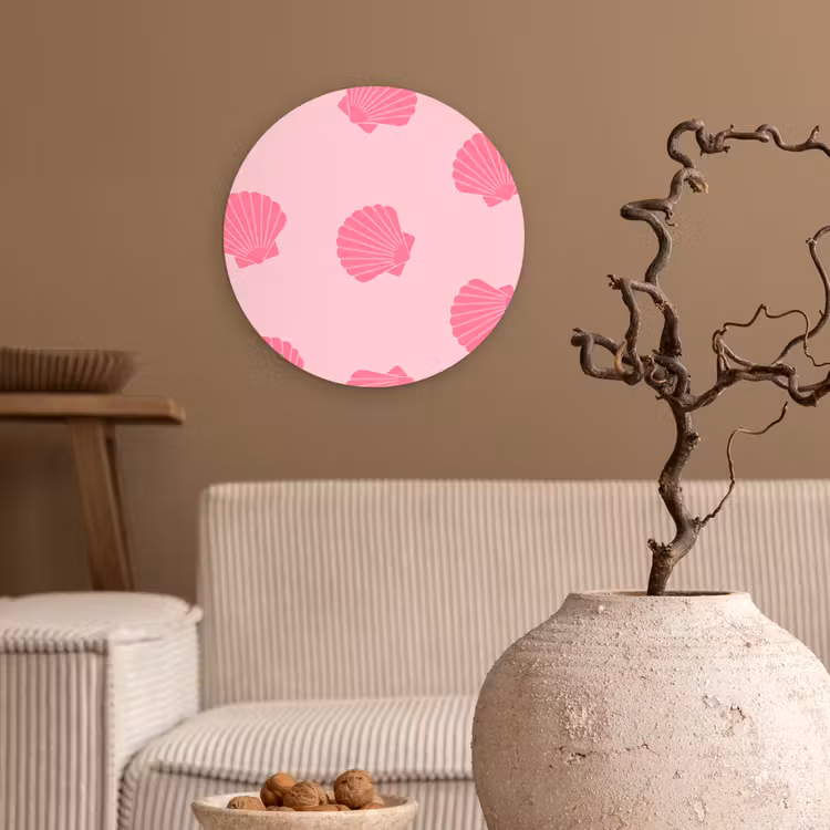 Schelp - Patroon - Zee - Modern - Roze Wandcirkel kunststof plaat 5mm dik klein -sfeer1