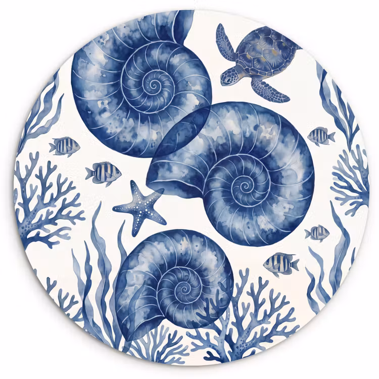Schelp - Spiraal - Zeeleven - Aquarel - Blauw Wandcirkel kunststof plaat 5mm dik klein -3d