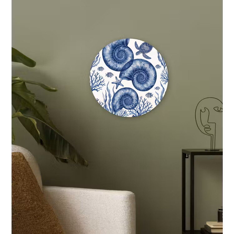 Schelp - Spiraal - Zeeleven - Aquarel - Blauw Wandcirkel kunststof plaat 5mm dik klein -sfeer3