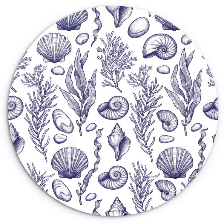 Schelpen - Zeewier - Oceaan - Illustratie - Blauw Wandcirkel kunststof plaat 5mm dik klein -3d