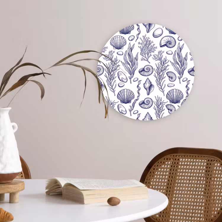 Schelpen - Zeewier - Oceaan - Illustratie - Blauw Wandcirkel kunststof plaat 5mm dik klein -sfeer4