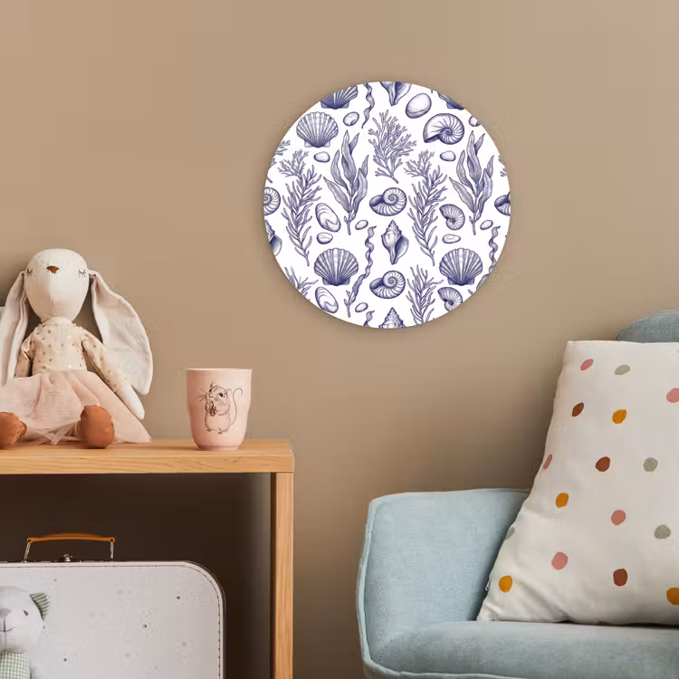 Schelpen - Zeewier - Oceaan - Illustratie - Blauw Wandcirkel kunststof plaat 5mm dik klein -tsfeer1_kind
