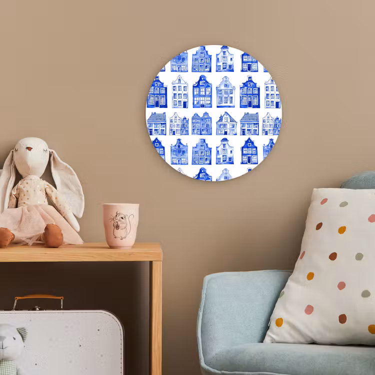 Patroon - Huizen - Blauw Wandcirkel kunststof plaat 5mm dik klein 188 -tsfeer1_kind