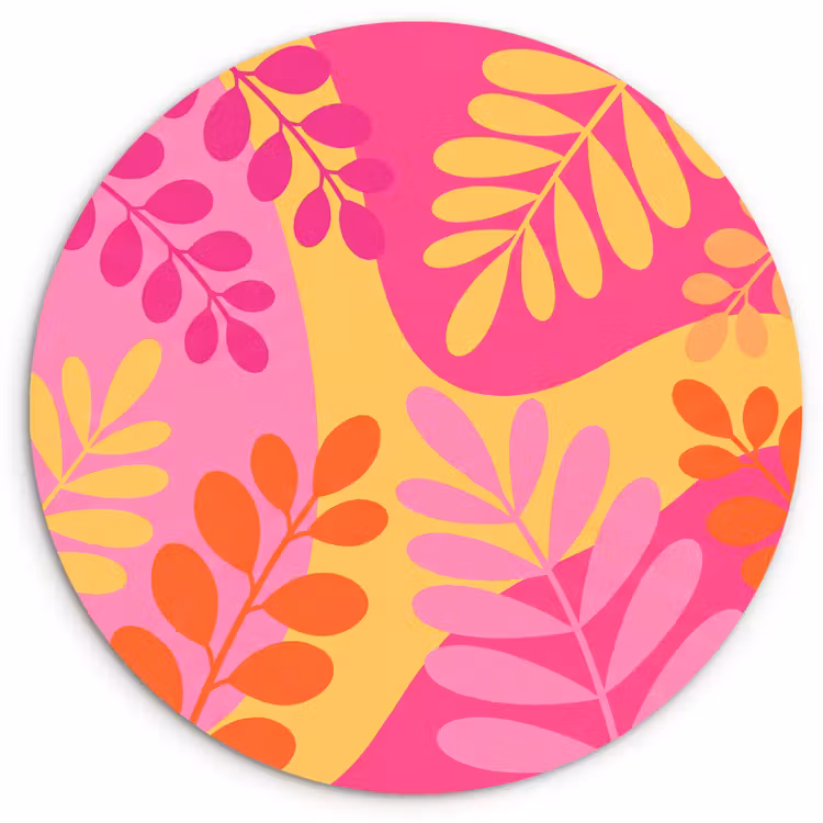 Natuur - Bladeren - Abstract - Roze - Geel Wandcirkel kunststof plaat 5mm dik klein -3d