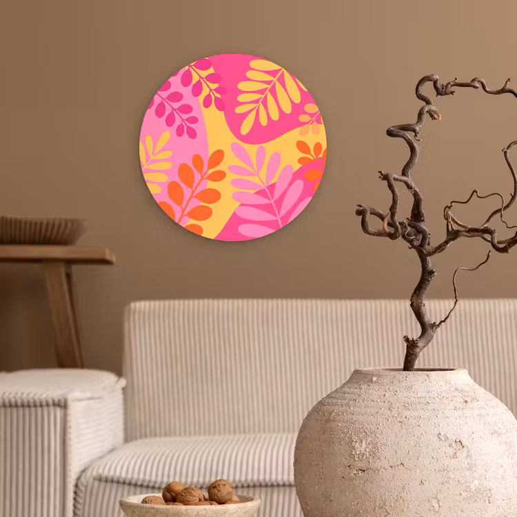 Natuur - Bladeren - Abstract - Roze - Geel Wandcirkel kunststof plaat 5mm dik klein -sfeer1