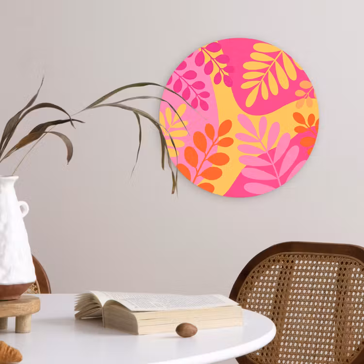 Natuur - Bladeren - Abstract - Roze - Geel Wandcirkel kunststof plaat 5mm dik klein -sfeer4