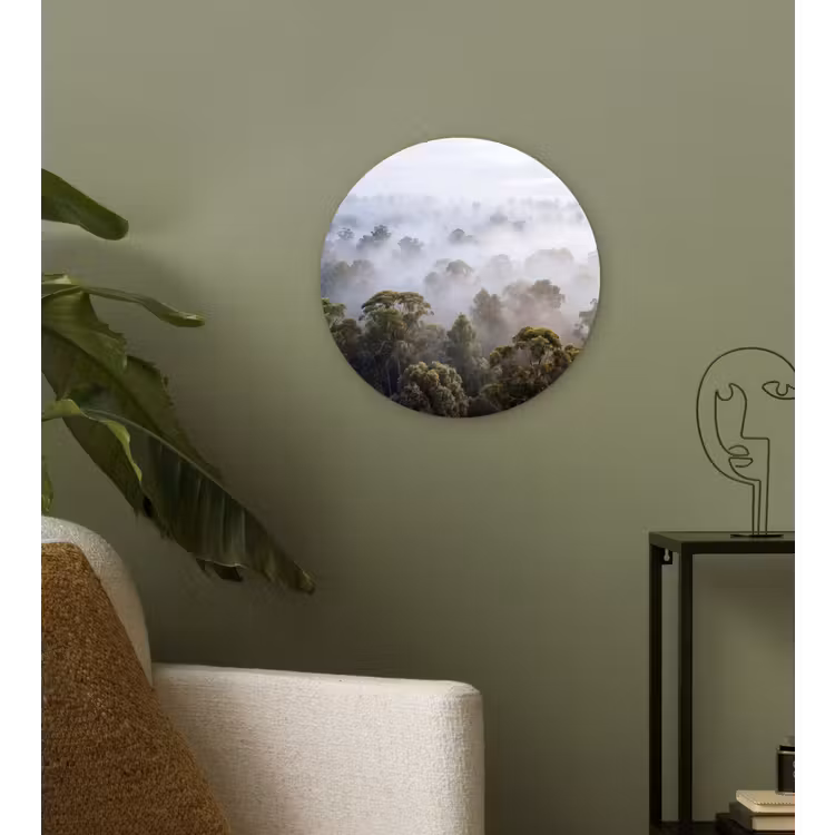 Natuur - Mist - Bos - Ochtend - Goud Wandcirkel kunststof plaat 5mm dik klein -sfeer3