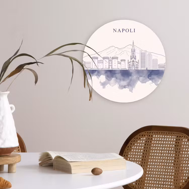 Napels - Skyline - Italie - Lijntekening - Aquarel Wandcirkel kunststof plaat 5mm dik klein -sfeer4