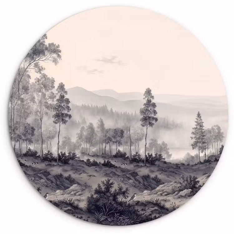 Mistig - Berglandschap - Illustratie Wandcirkel kunststof plaat 5mm dik klein -3d