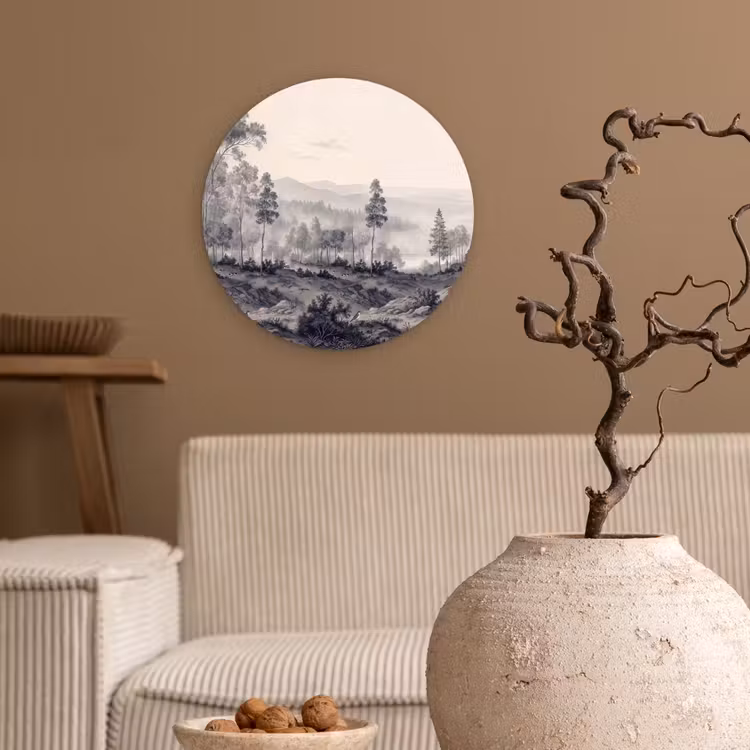 Mistig - Berglandschap - Illustratie Wandcirkel kunststof plaat 5mm dik klein -sfeer1