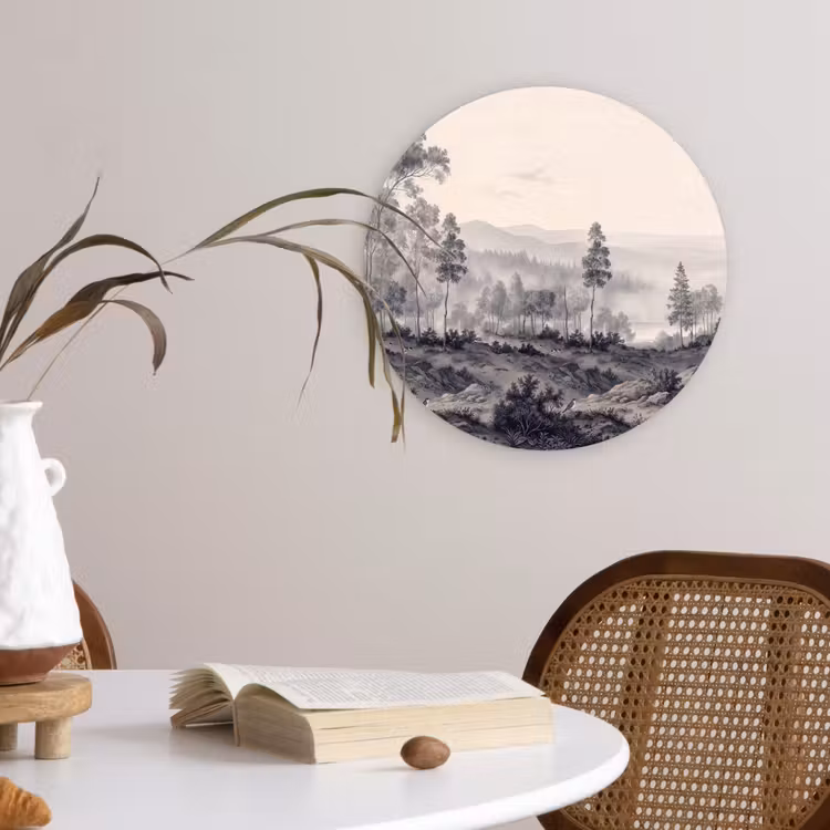 Mistig - Berglandschap - Illustratie Wandcirkel kunststof plaat 5mm dik klein -sfeer4