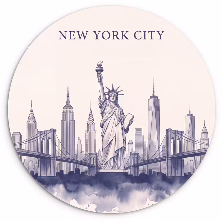 New York - Vrijheidsbeeld - Skyline - Illustratie - Blauw Wandcirkel kunststof plaat 5mm dik klein -3d