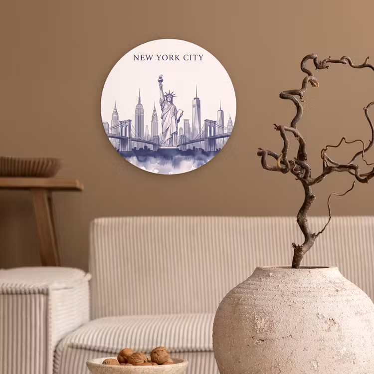 New York - Vrijheidsbeeld - Skyline - Illustratie - Blauw Wandcirkel kunststof plaat 5mm dik klein -sfeer1