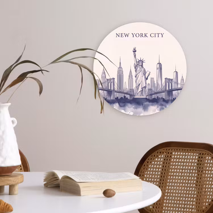 New York - Vrijheidsbeeld - Skyline - Illustratie - Blauw Wandcirkel kunststof plaat 5mm dik klein -sfeer4