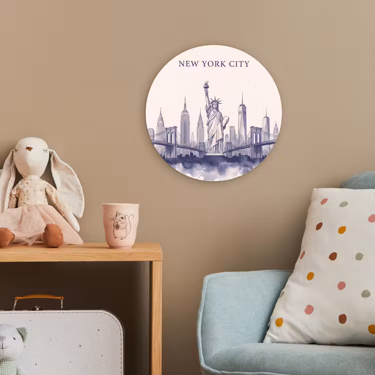 New York - Vrijheidsbeeld - Skyline - Illustratie - Blauw Wandcirkel kunststof plaat 5mm dik klein -tsfeer1_kind
