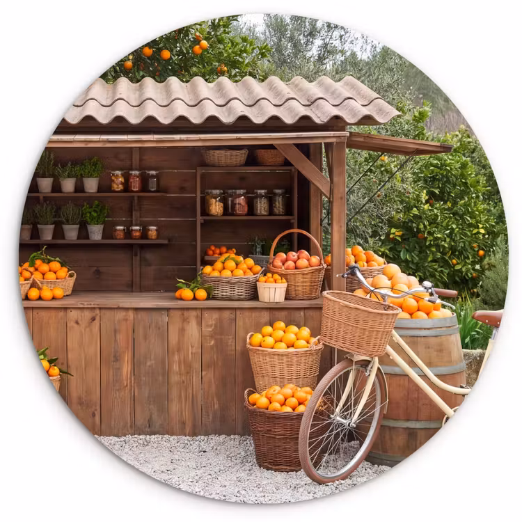 Forexbild Rund - Obst – Markt – Ländlich - Fruit - Markt - Landelijk Wandcirkel kunststof plaat 5mm dik klein