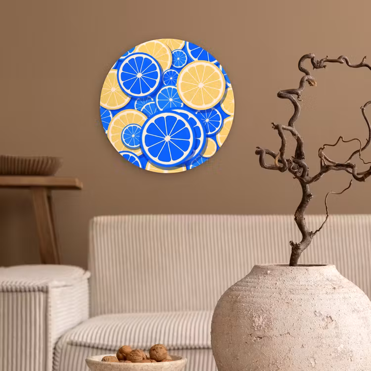Fruit - Schijven - Patroon - Modern - Blauw - Geel Wandcirkel kunststof plaat 5mm dik klein -sfeer1