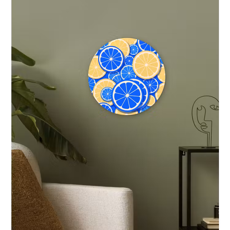 Fruit - Schijven - Patroon - Modern - Blauw - Geel Wandcirkel kunststof plaat 5mm dik klein -sfeer3