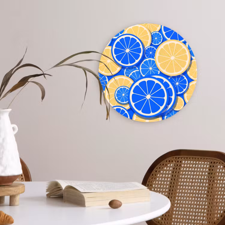 Fruit - Schijven - Patroon - Modern - Blauw - Geel Wandcirkel kunststof plaat 5mm dik klein -sfeer4