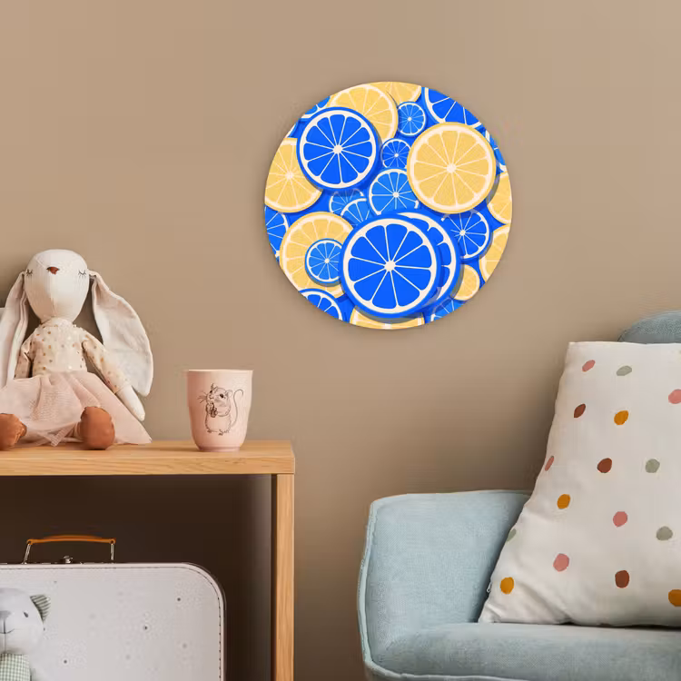Fruit - Schijven - Patroon - Modern - Blauw - Geel Wandcirkel kunststof plaat 5mm dik klein -tsfeer1_kind