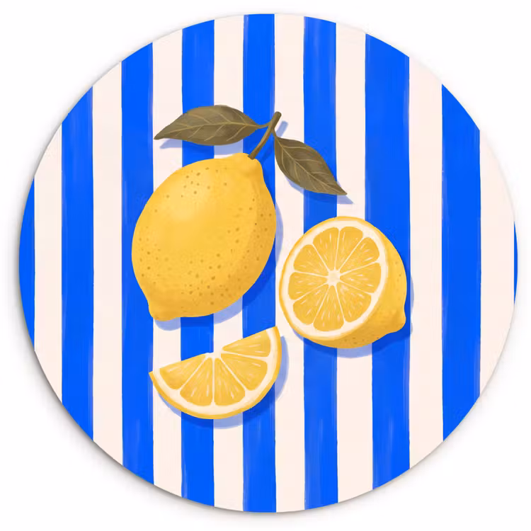 Fruit - Citroen - Zomer - Geel - Blauw Wandcirkel kunststof plaat 5mm dik klein -3d