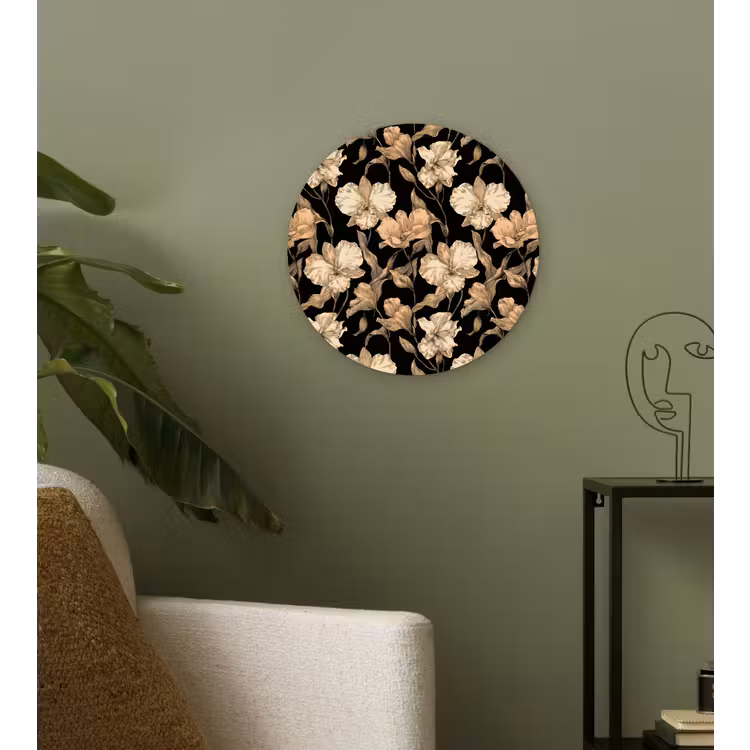 Orchideeën - Lijntekening - Patroon - Beige - Zwart Wandcirkel kunststof plaat 5mm dik klein 188 -sfeer3