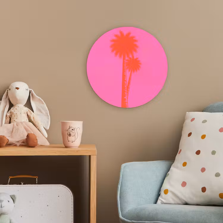 Palmbomen - Modern - Roze Wandcirkel kunststof plaat 5mm dik klein -tsfeer1_kind