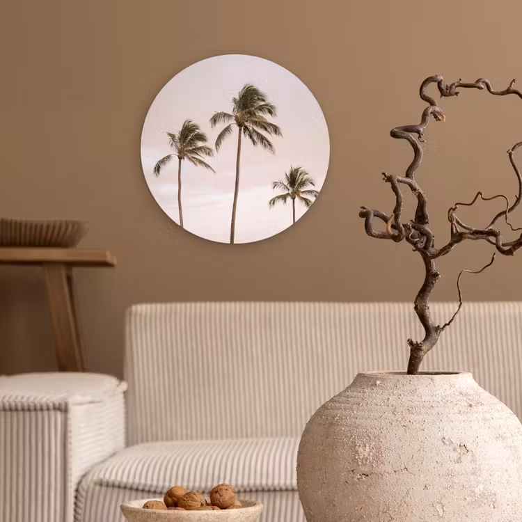 Palmbomen - Zonsondergang - Roze Wandcirkel kunststof plaat 5mm dik klein -sfeer1