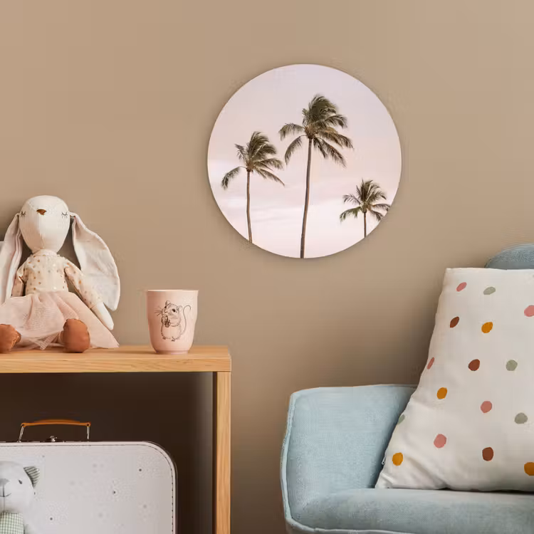 Palmbomen - Zonsondergang - Roze Wandcirkel kunststof plaat 5mm dik klein -tsfeer1_kind