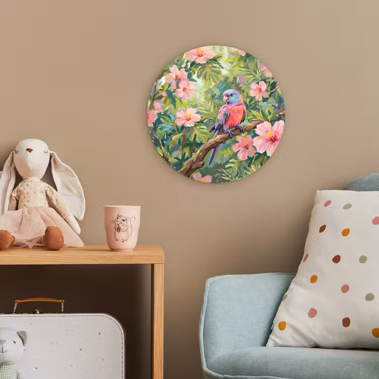 Papagaai - Hibiscusbloemen - Kleurrijk Wandcirkel kunststof plaat 5mm dik klein -tsfeer1_kind